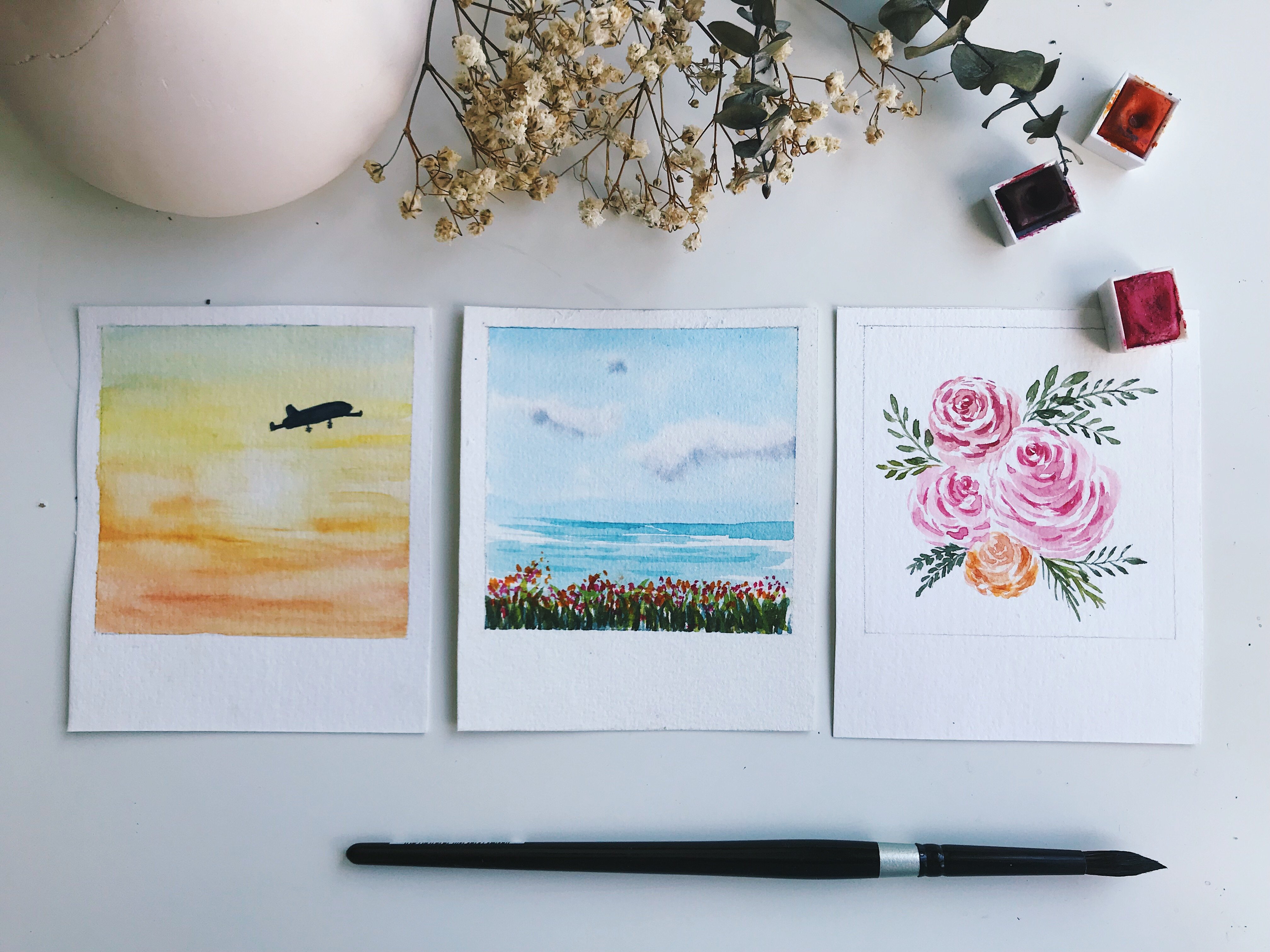 Summer-Inspired Polaroid Style Mini Watercolor Landscape Painting | Kar