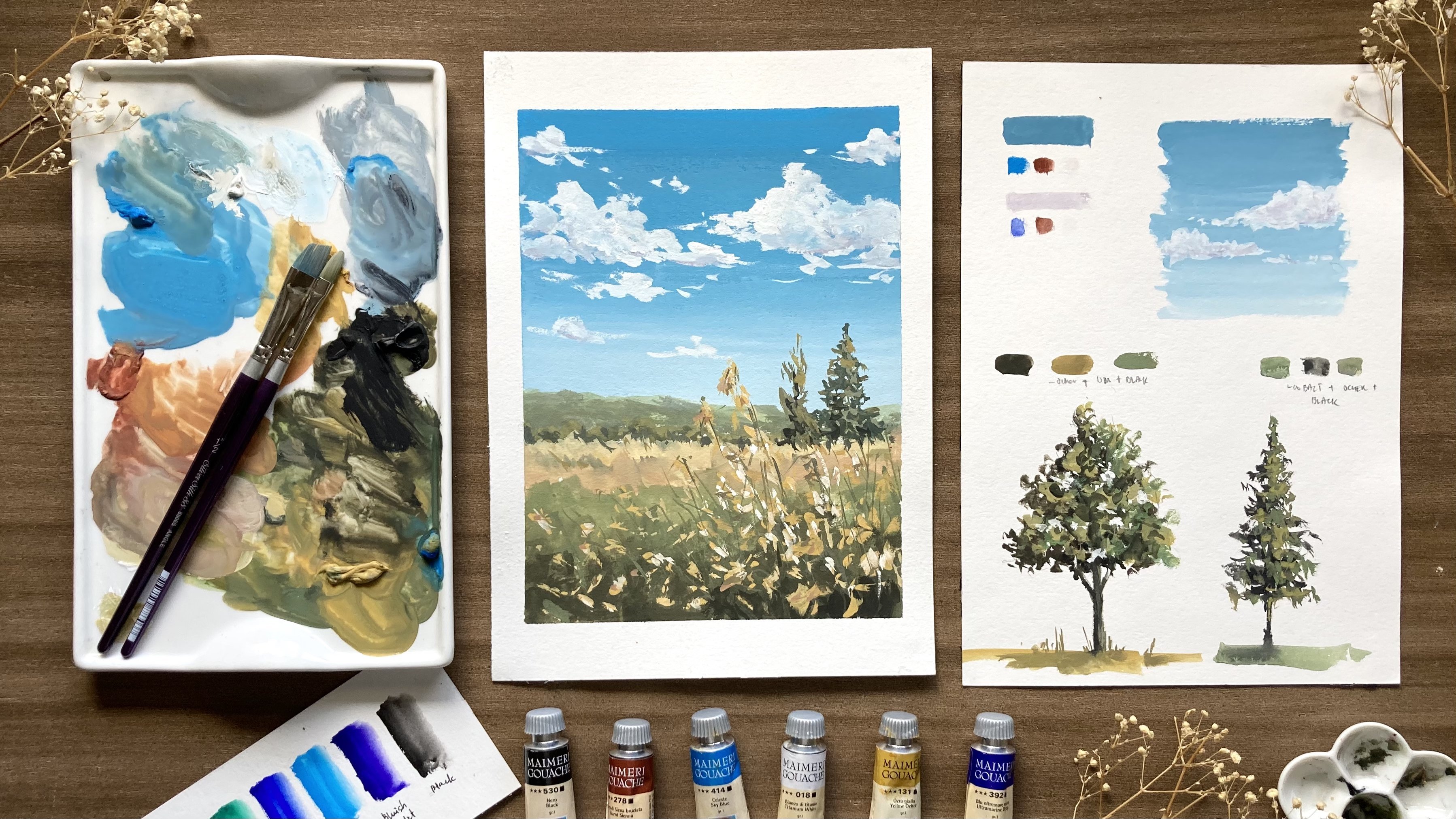 Tutoriel comment peindre un petit paysage à la gouache 