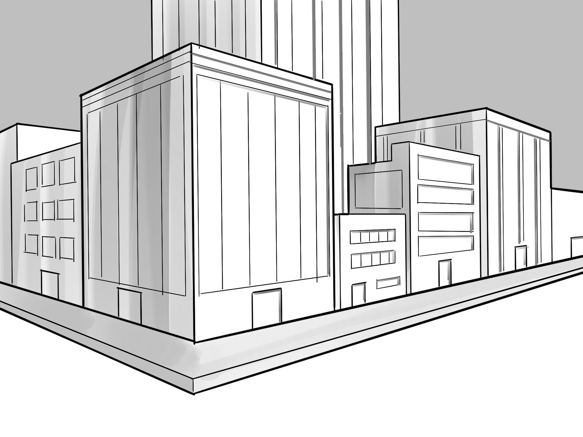 2 point perspective buildings sketch