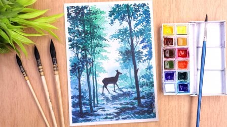 Aquarellmalerei von Waldbäumen und Hirsch Schritt für Schritt