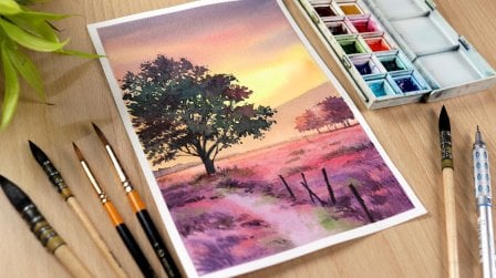 Watercolor Painting: Learn to Paint a Beautiful Flower field and House, Shiba Basan