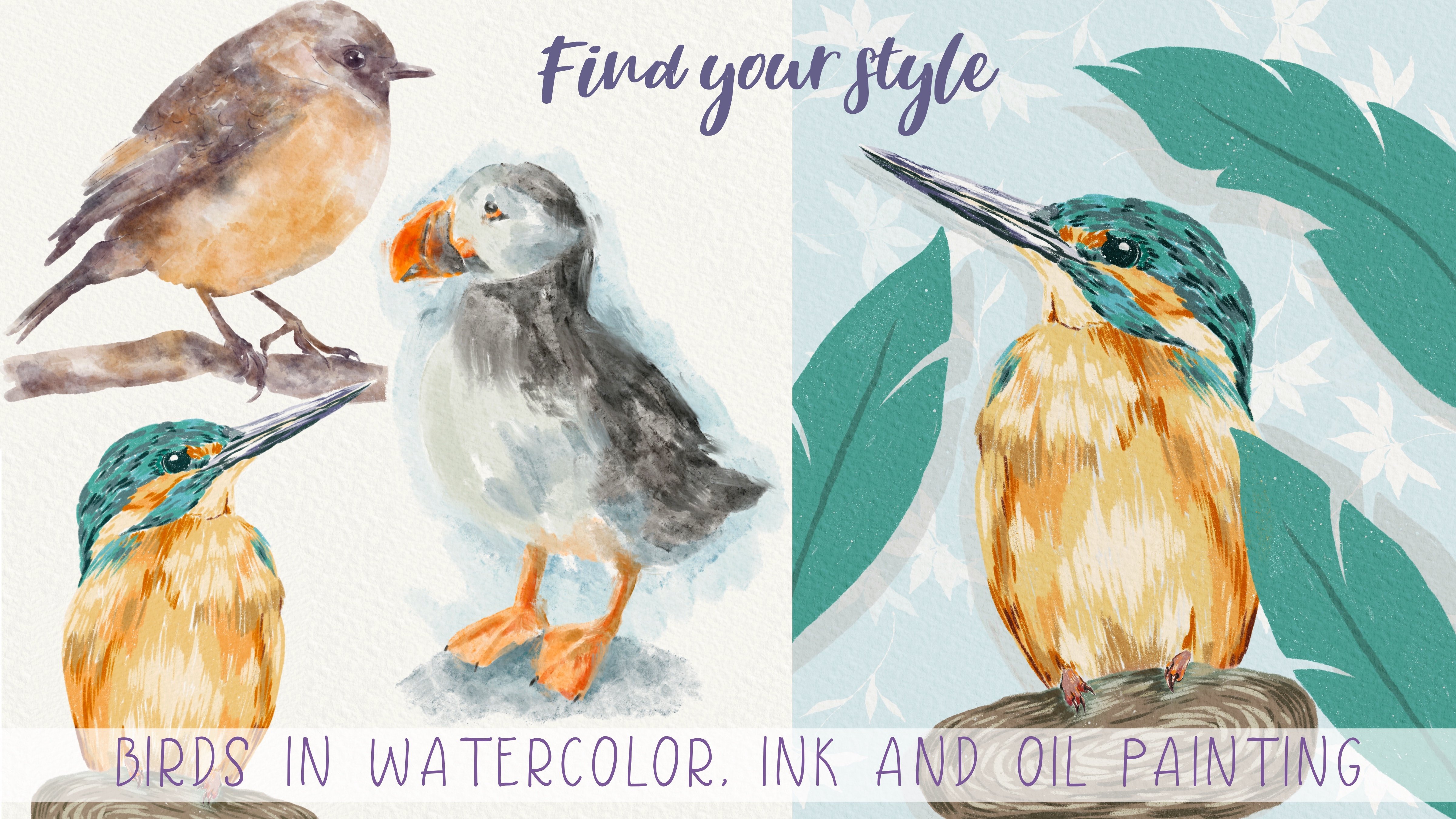 Find your style: paint bird in watercolor, ink, oil painting in Procreate -  digital art+free brushes, Inga Yoon