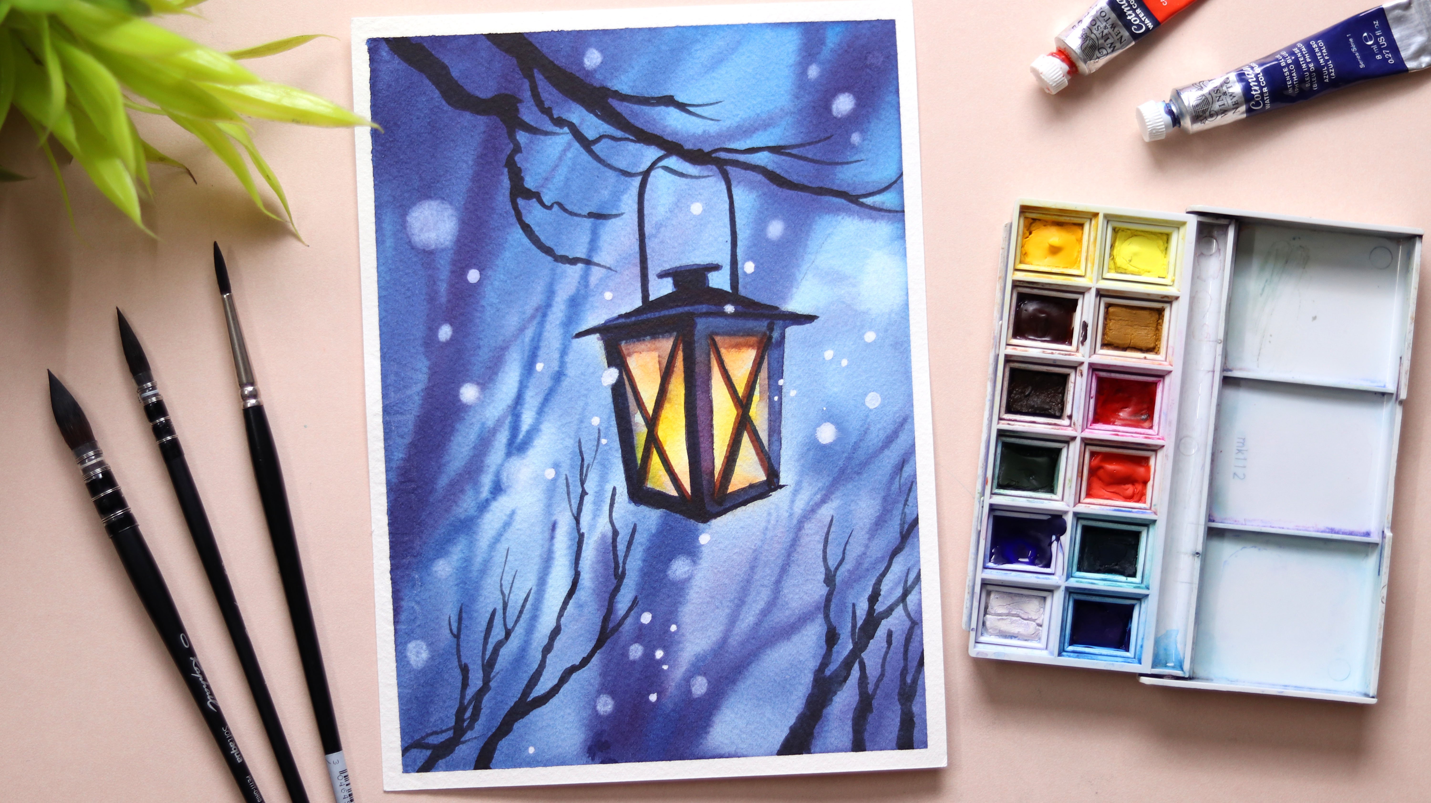 Learn Watercolor Painting of Beautiful Glowing Winter Lamp in an