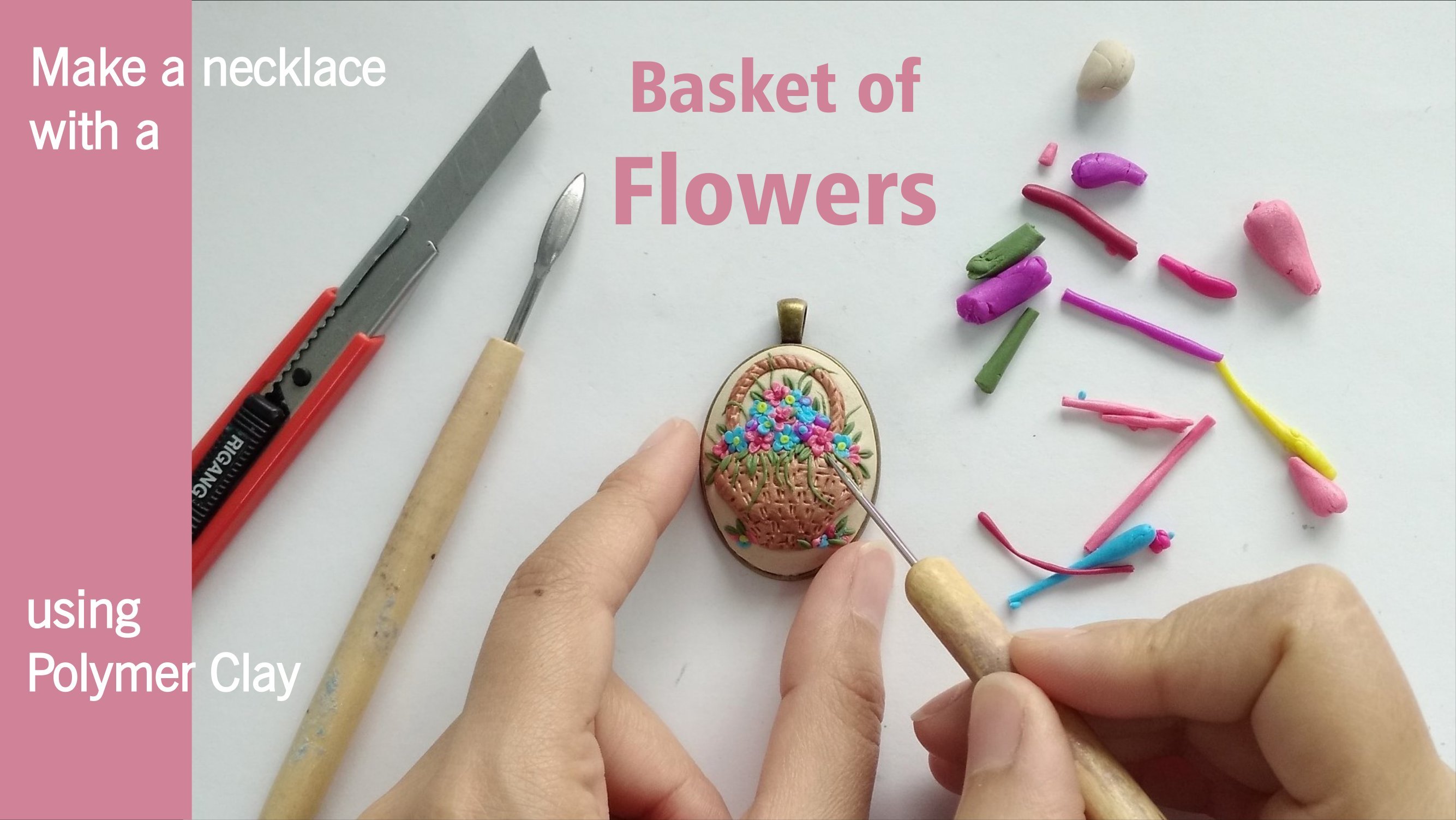 Make a polymer clay necklace with a basket of flowers