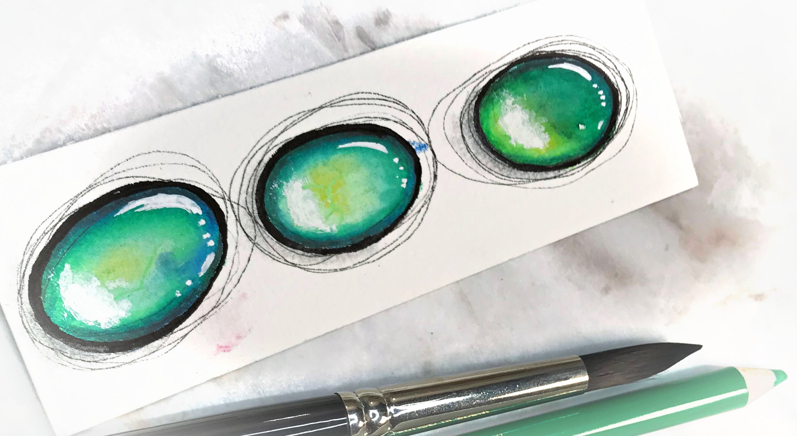 Brilliant Smooth Gemstones with Watercolor, Colored Pencil, and Ink, Jessica Sanders