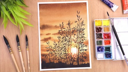 Aquarellmalerei - Sonnenuntergang Landschaft Malerei eines offenen Feldes Schritt für Schritt