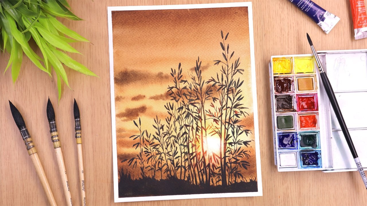 Watercolor painting - Sunset Landscape Painting of an open field step by  step, Shiba Basan