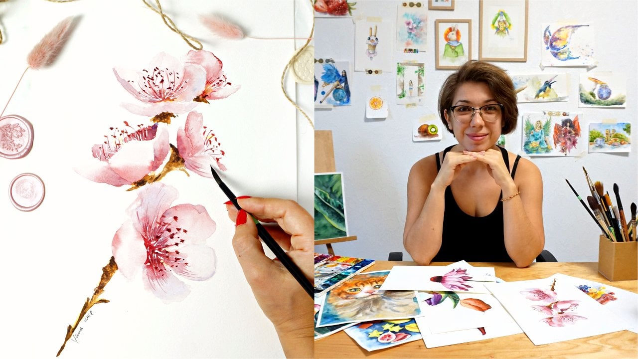 How to paint Cherry Blossom in Watercolor: step by step guide to aquarelle  FLOWERS, Yana Shvets