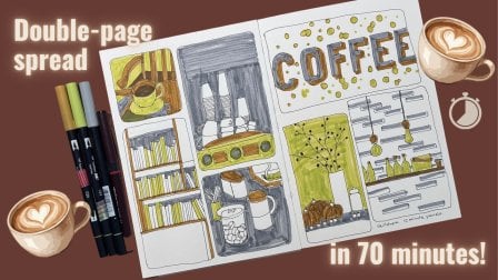 Complete a 7 Panel Double-Page Sketchbook Spread in 70 Minutes! Coffee Shops.