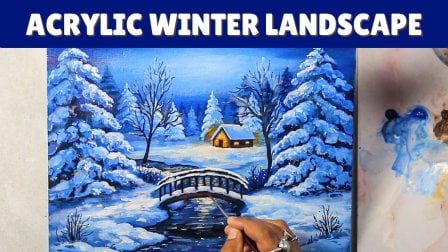 Pintura acrílica de uma noite de inverno iluminada pelo luar: neve realista e luz brilhante