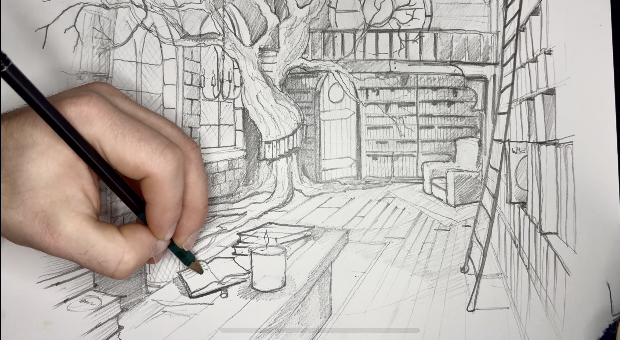 Drawing Imaginary Interiors: Sketch a Magical Library in Pencil | Sam ...