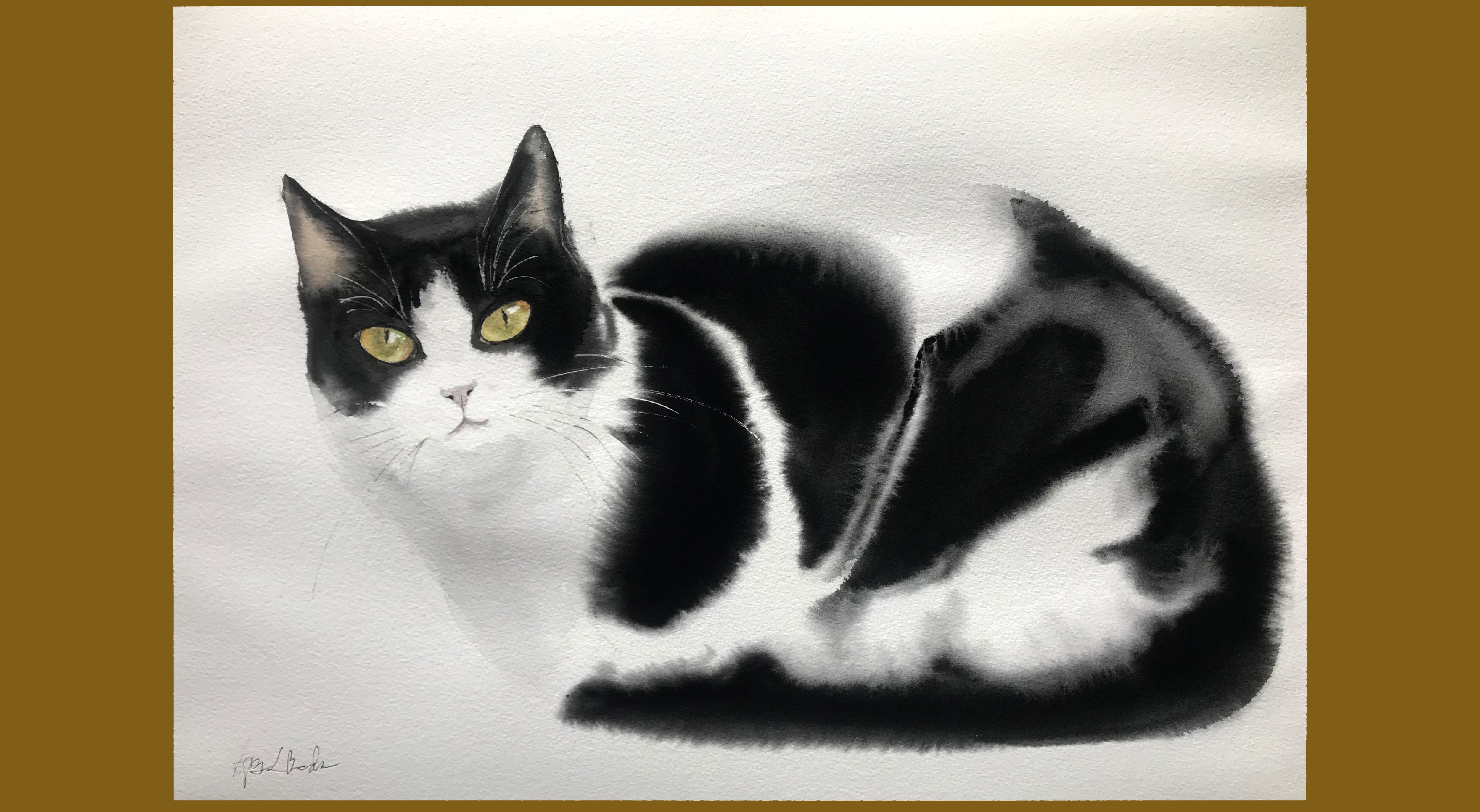 Easy, furry tuxedo cat for everybody wet on wet watercolor tutorial